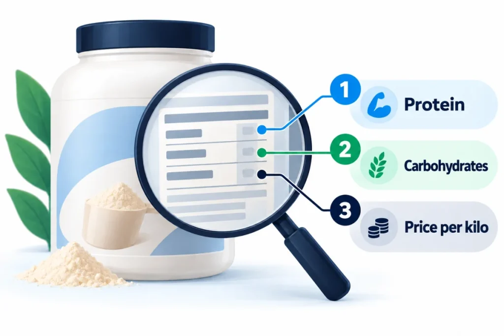 The three figures to read on a whey label: protein, carbs and price per kilo