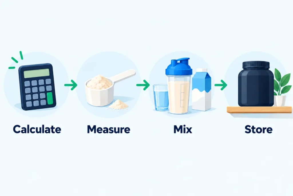 The 4 steps to using a hydrolysed whey: work out your needs, measure the dose, mix it, store it