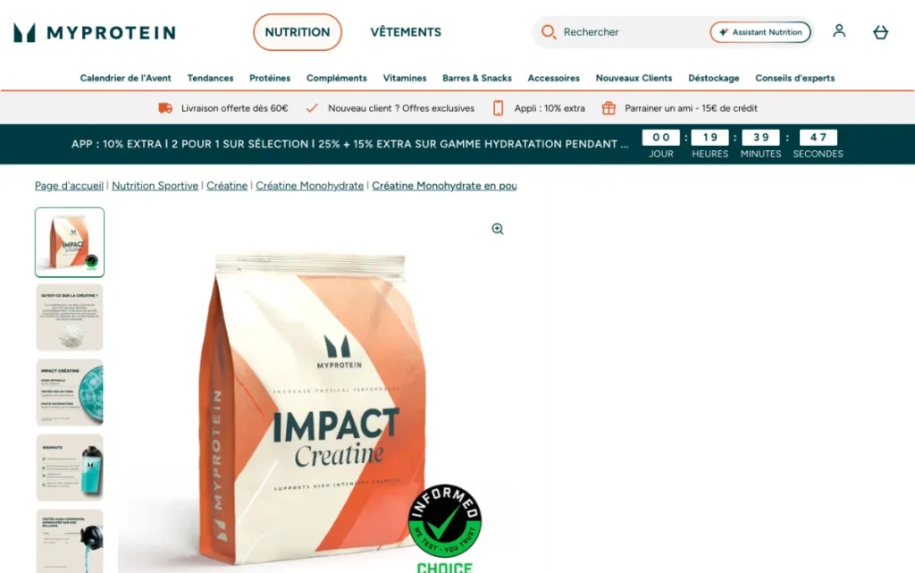 Creatine Monohydrate Powder product page on Myprotein's French site