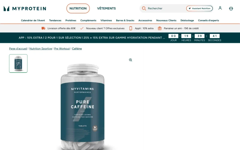 Caffeine Tablets product page on Myprotein's French site
