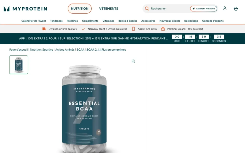 BCAA 2:1:1 Plus Tablets product page on Myprotein's French site