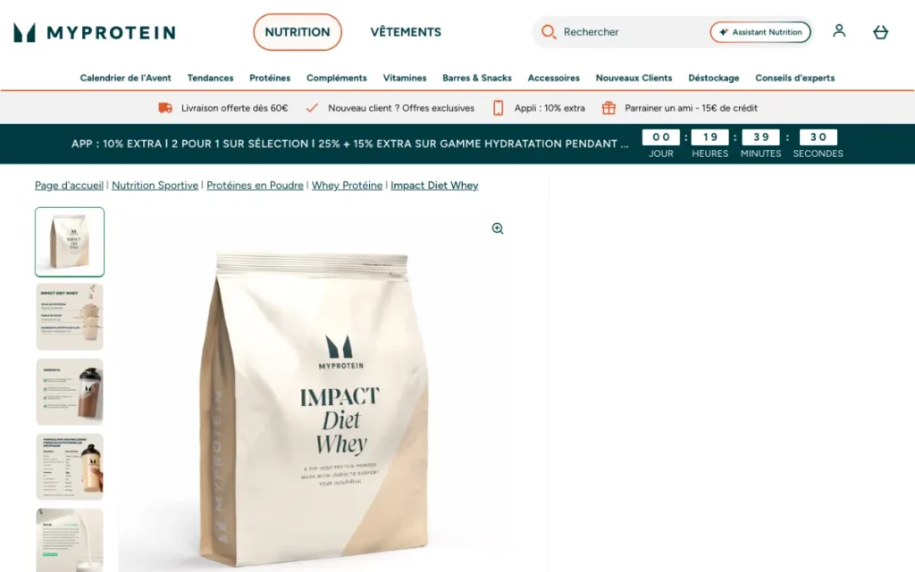 Impact Diet Whey product page on Myprotein's French site