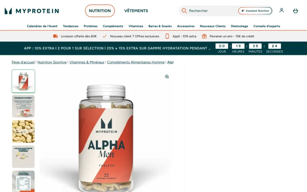 Alpha Men multivitamin tablets product page on Myprotein's French site