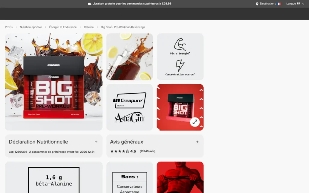 Big Shot Pre-Workout 46 servings product page on the official Prozis site