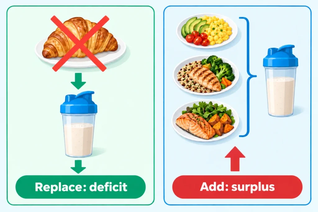 Diagram: a whey shake replacing a snack creates a deficit, added on top it creates a surplus