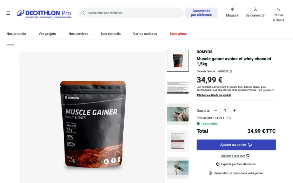 Product page for the Decathlon oat and whey muscle gainer