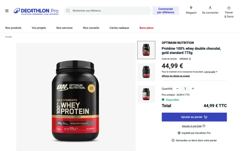Product page for Optimum Nutrition Gold Standard whey at Decathlon