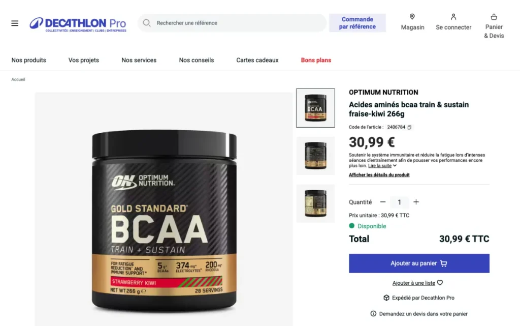 Product page for Optimum Nutrition Train and Sustain BCAAs at Decathlon