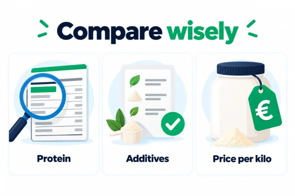 The three criteria for comparing two wheys: protein as sold, additives, price per kilo