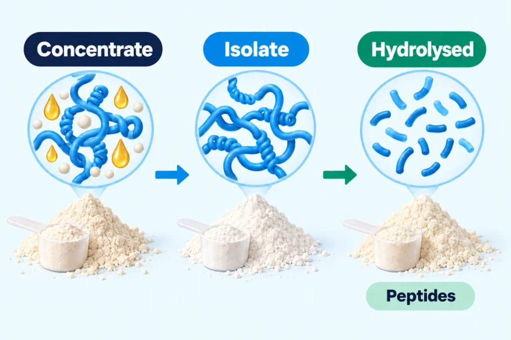 Diagram comparing whey concentrate, whey isolate and hydrolysed whey cut into peptides