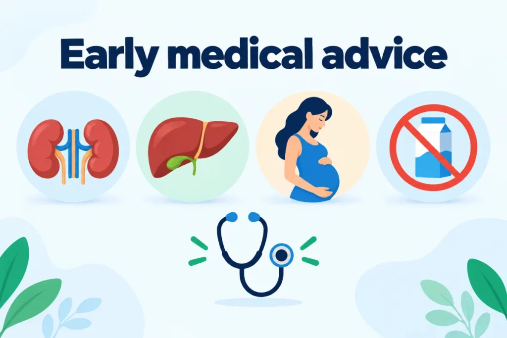 Infographic of the at-risk profiles for whey protein: kidney disease, liver disease, pregnancy, milk allergy, with a doctor symbol