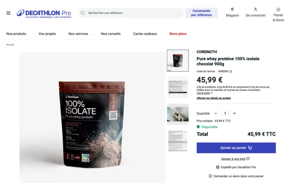 Decathlon Pure whey protein 100% isolate product page