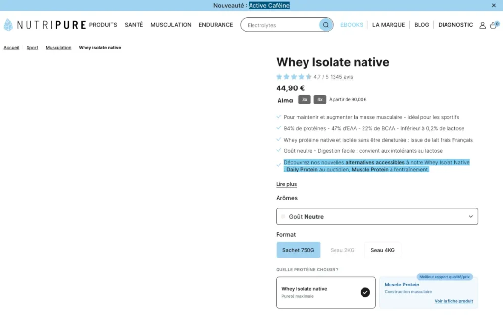 Product page for the Nutripure native Whey Isolate
