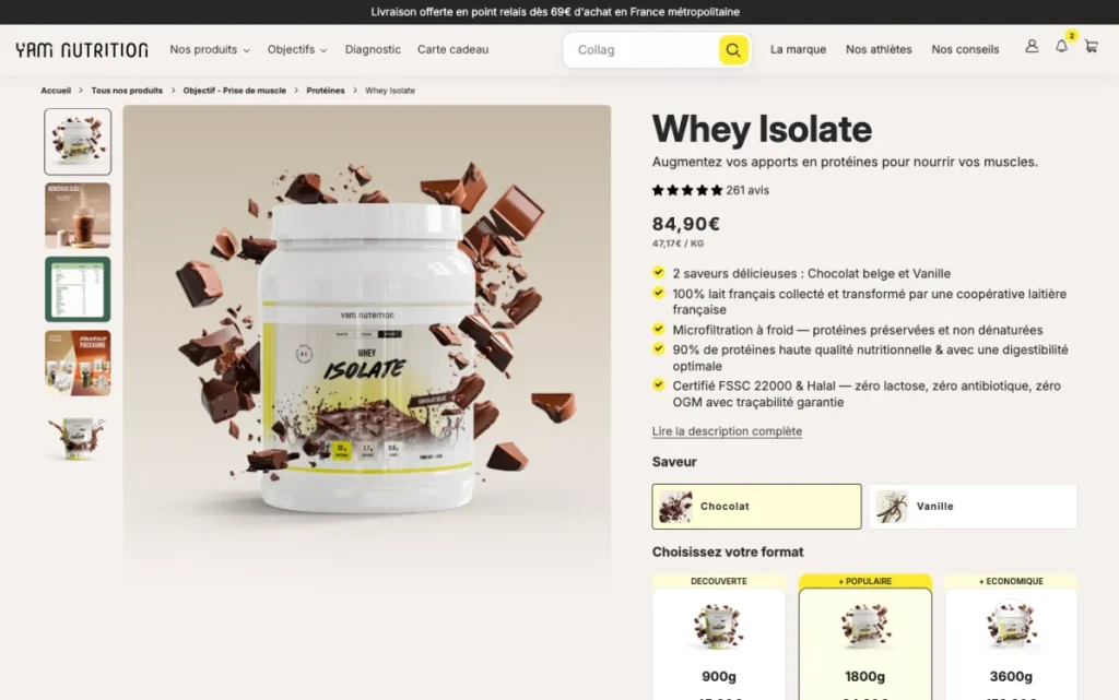Product page for the YAM Nutrition Whey Isolate