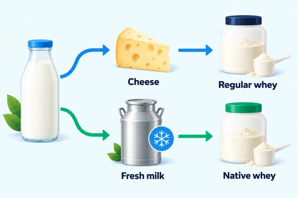 Diagram of the two production routes: standard whey from cheesemaking and native whey from fresh milk
