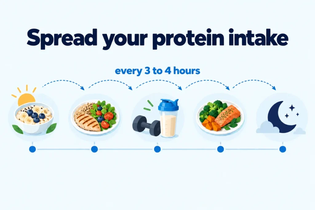Timeline of a day with protein servings spread every 3 to 4 hours, including a whey shaker after the session