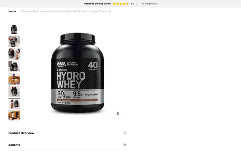 Platinum Hydrowhey product page from Optimum Nutrition