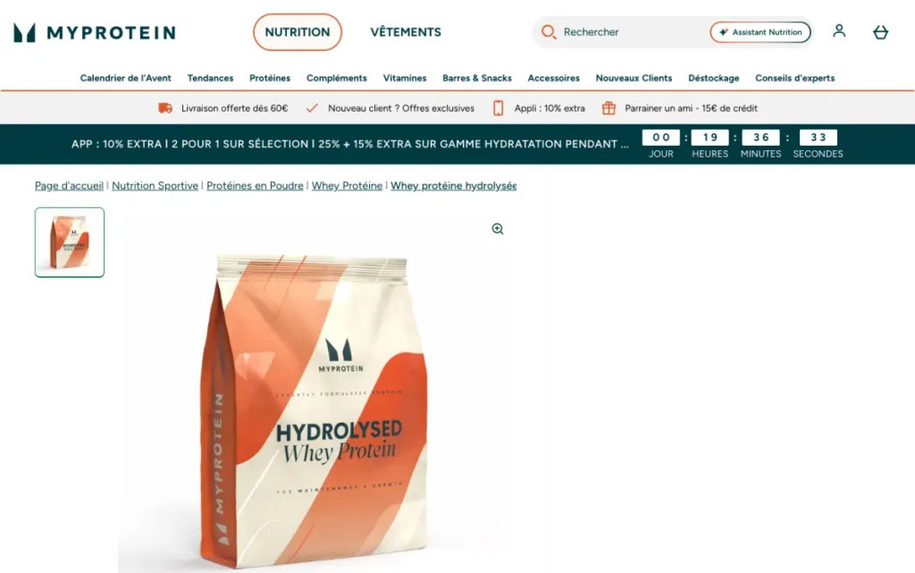 Hydrolysed Whey Protein product page from MyProtein