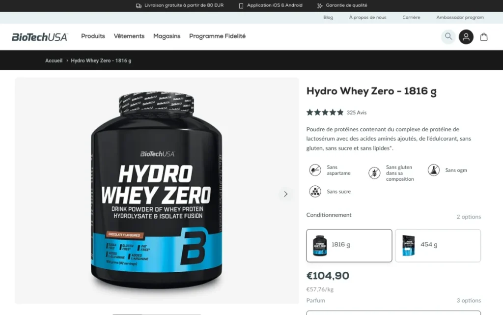 Hydro Whey Zero product page from BiotechUSA