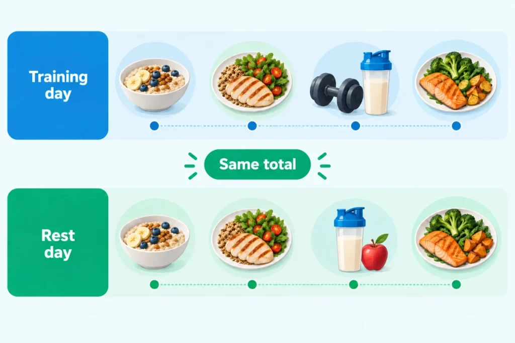 A training day compared with a rest day: the same protein target, with the shake moved from post-workout to the afternoon snack
