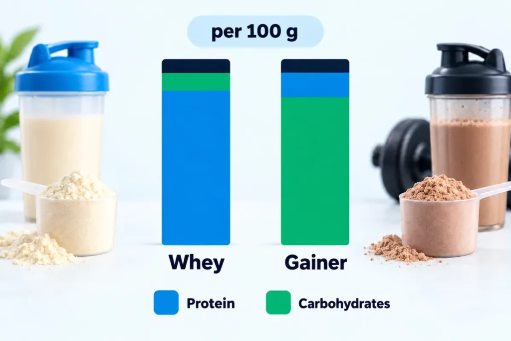 Composition of 100 g of whey compared with 100 g of mass gainer: protein and carbohydrate