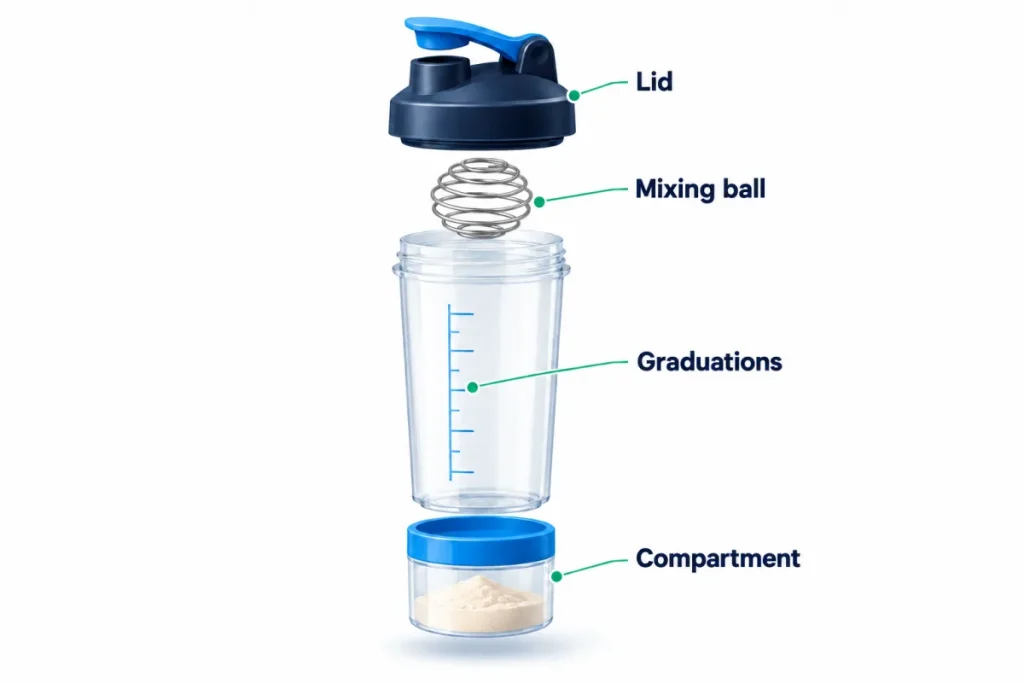 Anatomy of a whey shaker: lid, mixing ball, measurement markings and powder compartment