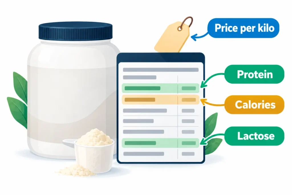 Annotated whey isolate label: price per kilo, protein per 100 g, calories and lactose