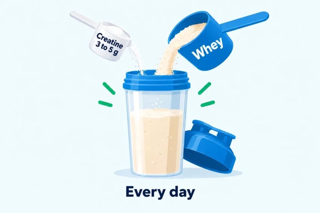 Daily doses: creatine 3 to 5 g a day, whey according to your needs