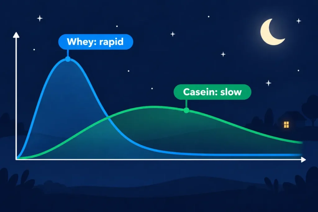 Comparison of protein release overnight: whey rises fast then drops, casein releases more slowly