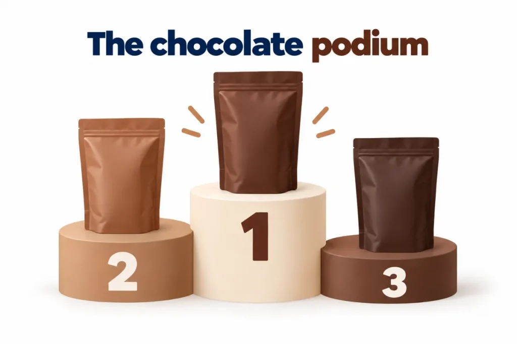 Podium of the three best Myprotein whey flavours, all chocolate