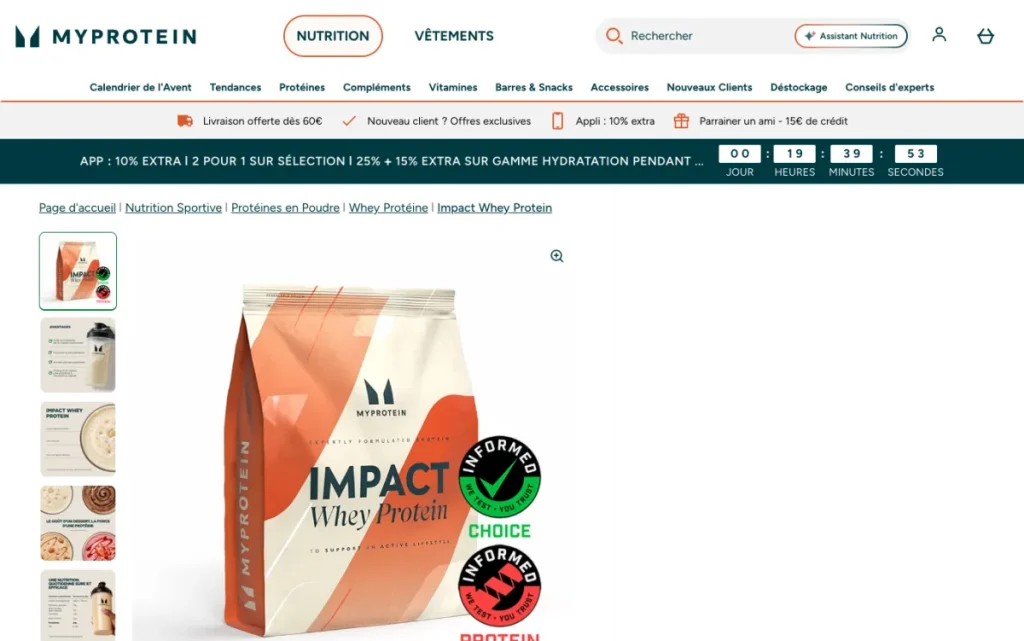 Impact Whey Protein product page on Myprotein's French site