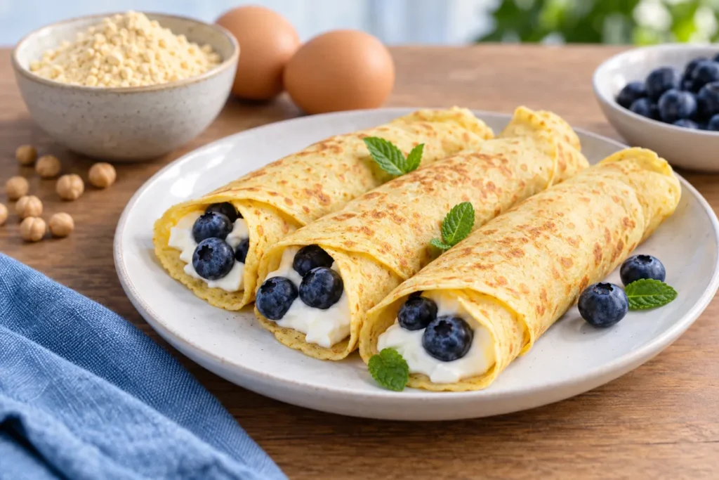 Chickpea flour protein crepes without whey, rolled and filled with fromage blanc and blueberries