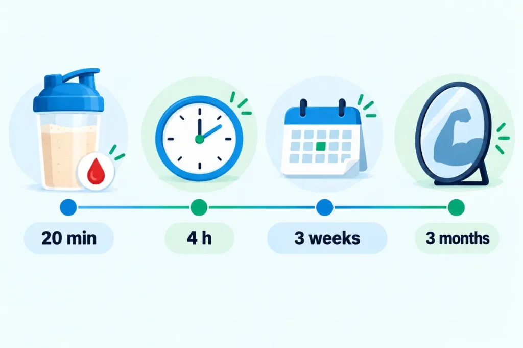 Timeline of whey protein's effects: 20 minutes, 4 hours, 3 weeks, 3 months