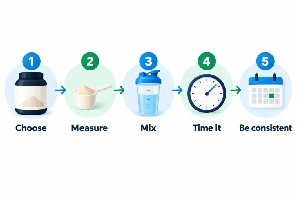 How to take whey protein in 5 steps: choose, measure, mix, place, keep going