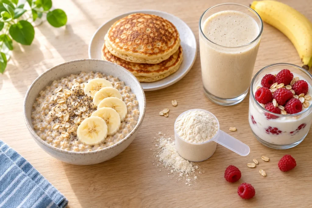 Porridge, pancakes and a smoothie made with whey protein
