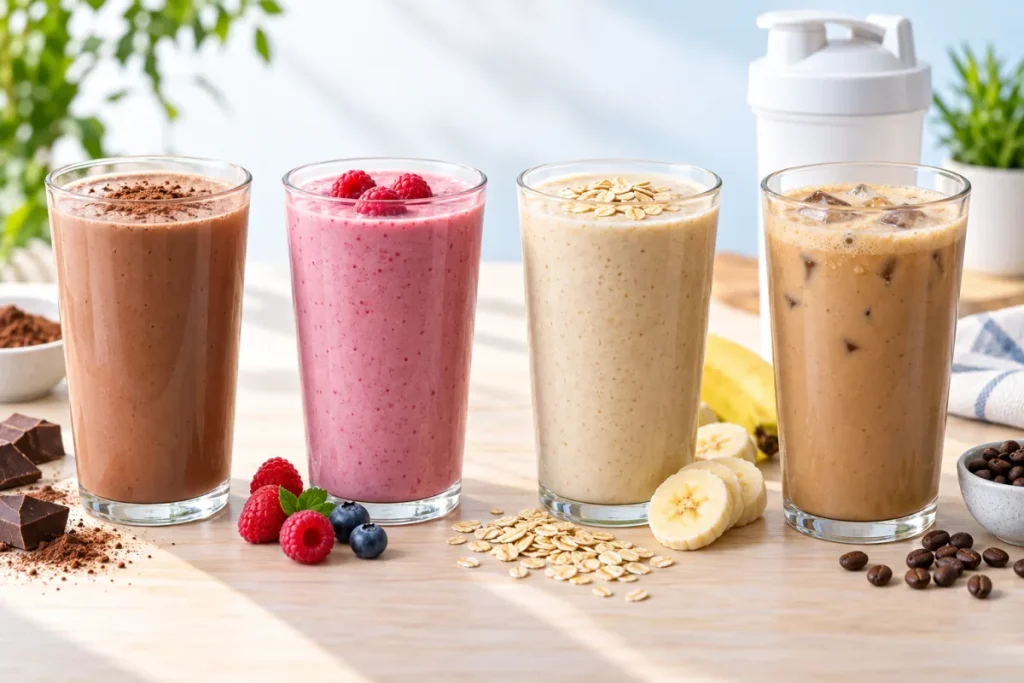 Four homemade whey shakes: chocolate, berry, banana and oat, and coffee