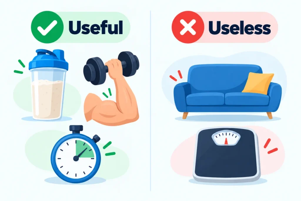 Infographic: what whey protein does (protein, muscle, convenience) and what it does not do (muscle without training, weight loss on its own)