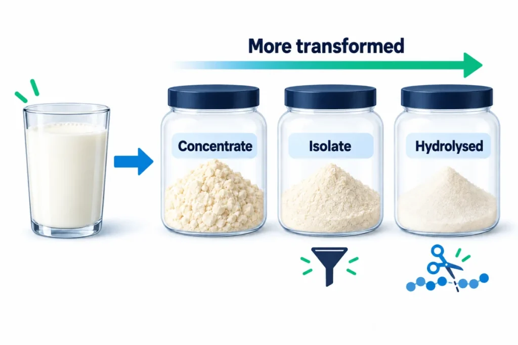 Diagram of the types of whey by degree of filtration: concentrate, isolate, hydrolysed