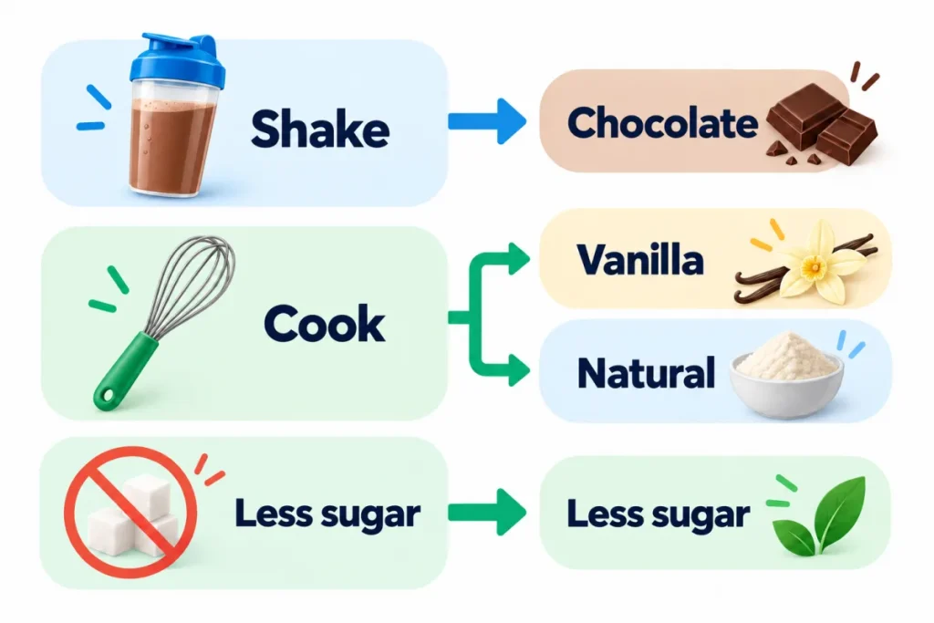Diagram for choosing your Bulk whey flavour according to how you will use it