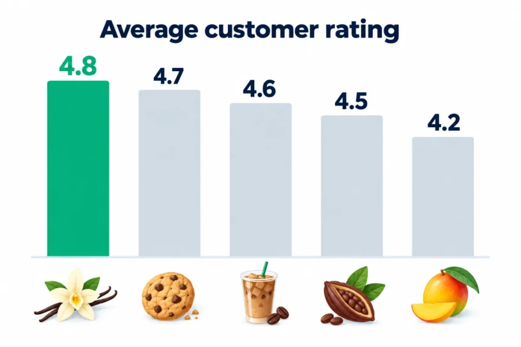Chart of the average customer score per nu3 whey flavour, from 4.8 for vanilla down to 4.2 for mango lassi