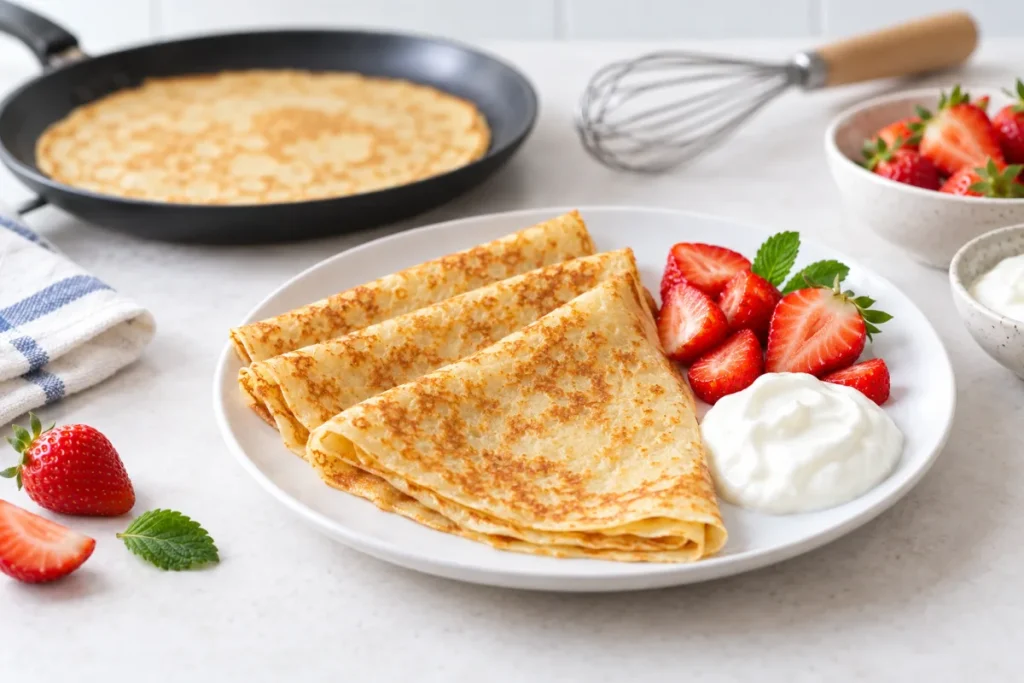 Whey protein crepes folded into quarters, served with strawberries and fromage blanc