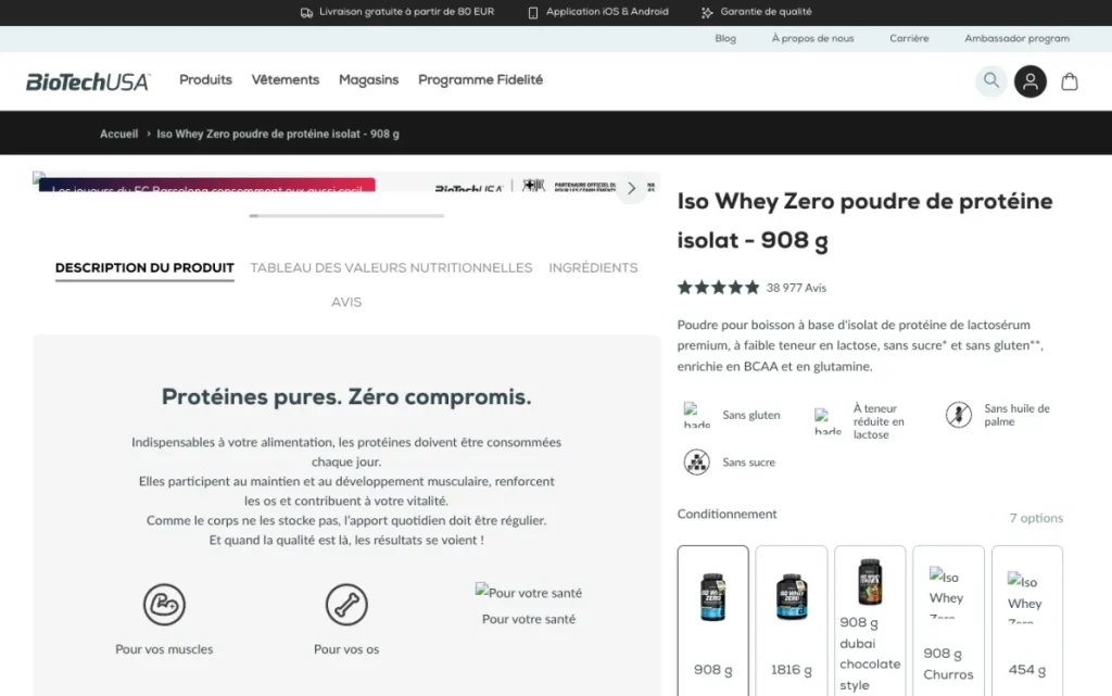 Product page for the 908 g Iso Whey Zero on the official BioTechUSA France shop