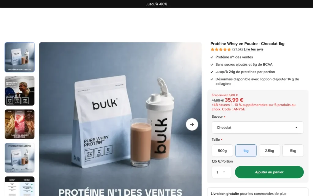 Product page for Bulk Pure Whey Protein in Chocolate