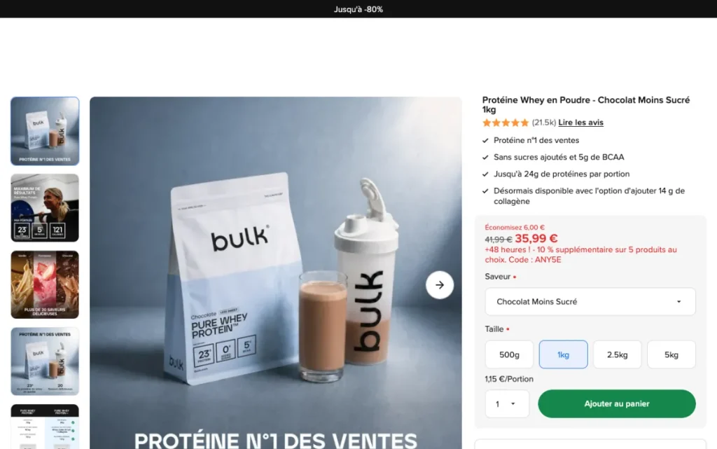 Product page for Bulk Pure Whey Protein Chocolate Less Sweet