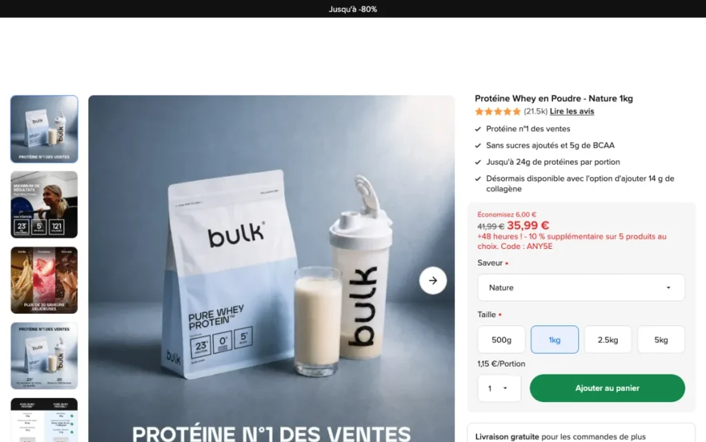 Product page for Bulk Pure Whey Protein Unflavoured
