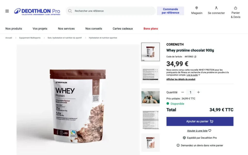 Product page for the Decathlon chocolate whey protein