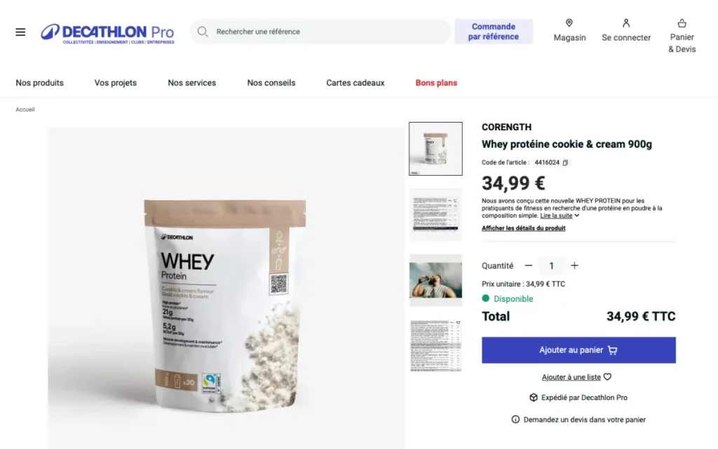 Product page for the Decathlon cookies and cream whey protein