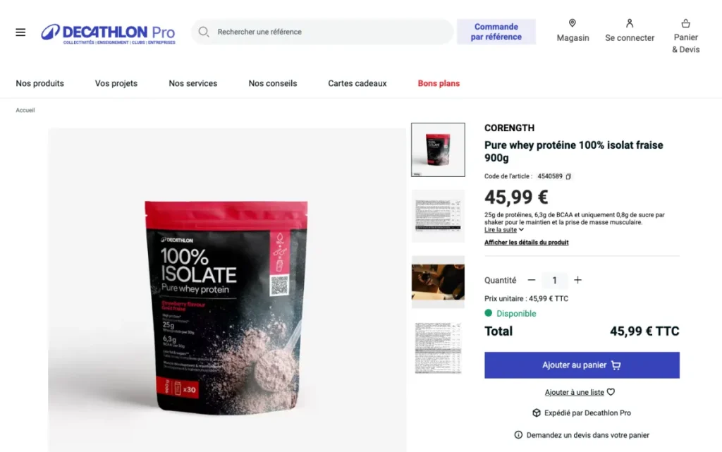Product page for the Decathlon strawberry whey isolate