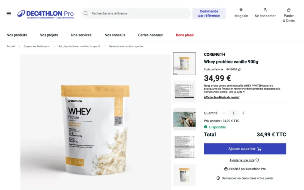 Product page for the Decathlon vanilla whey protein