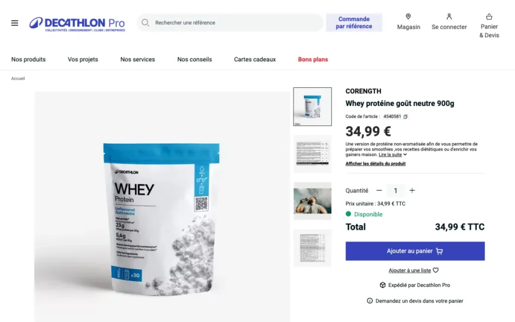 Product page for the Decathlon unflavoured whey protein